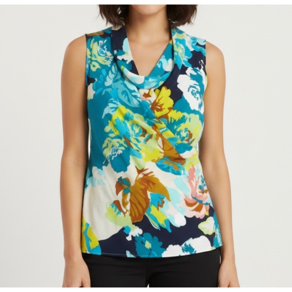 CABI 741 Multicolor SLEEVELESS Crepe SPRING BLOSSOM FLORAL Faux Wrap BLOUSE Sz S
